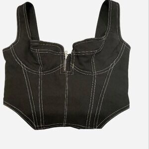 WHITE FOX Black Corset Top Square Neck Zip Front Contrast Stitching XS